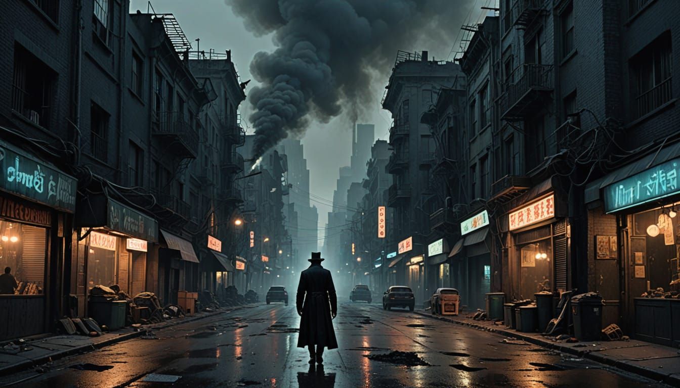 Cyberpunk City Streets at Night with Abandoned Stores and Lo...