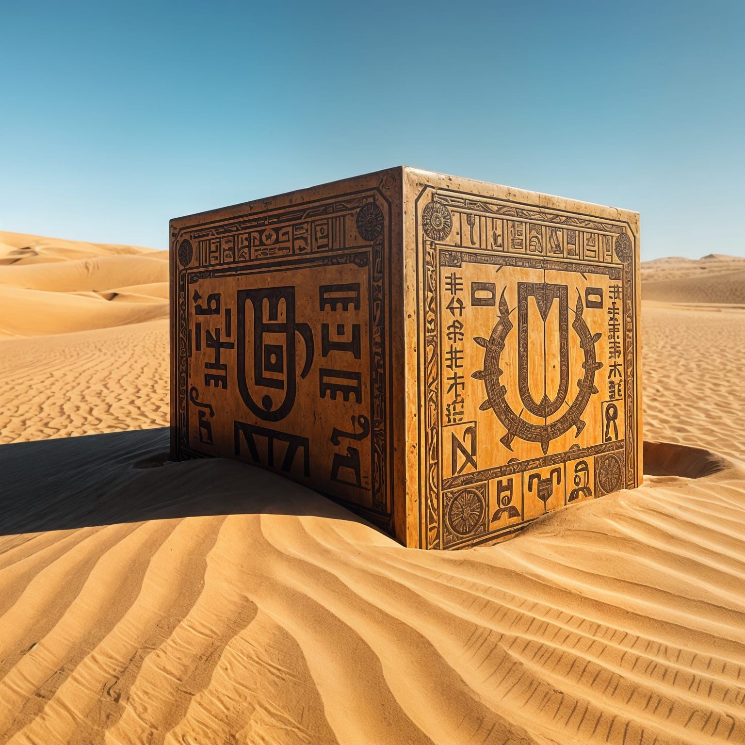 Ancient Metal Cube in Desert Landscape