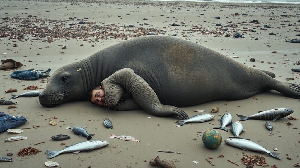 Man and Elephant Seal on Polluted Beach: Hyperrealistic Pain...