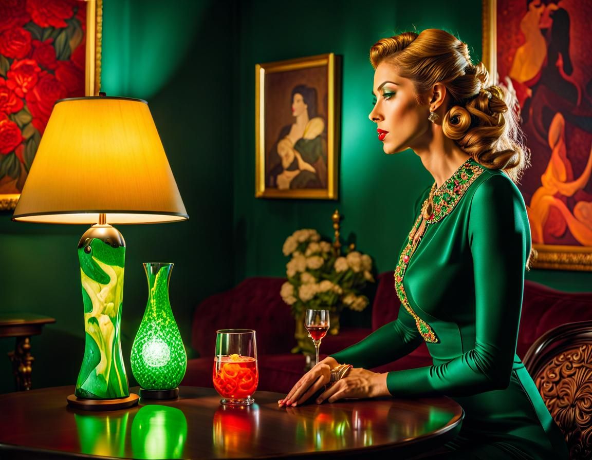 Woman with Lava Lamp in Toulouse-Lautrec Style