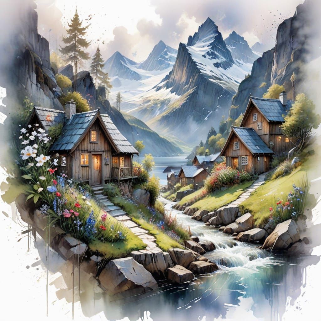 Scandinavian Village on Fjord in Watercolor Style