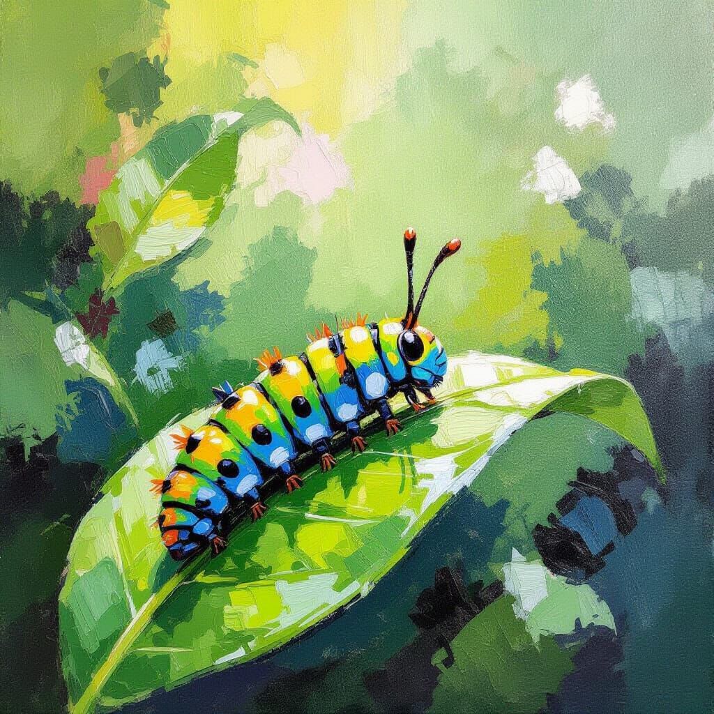 Caterpillar's Wonder: Lush Green Leaf in Expressionist Style
