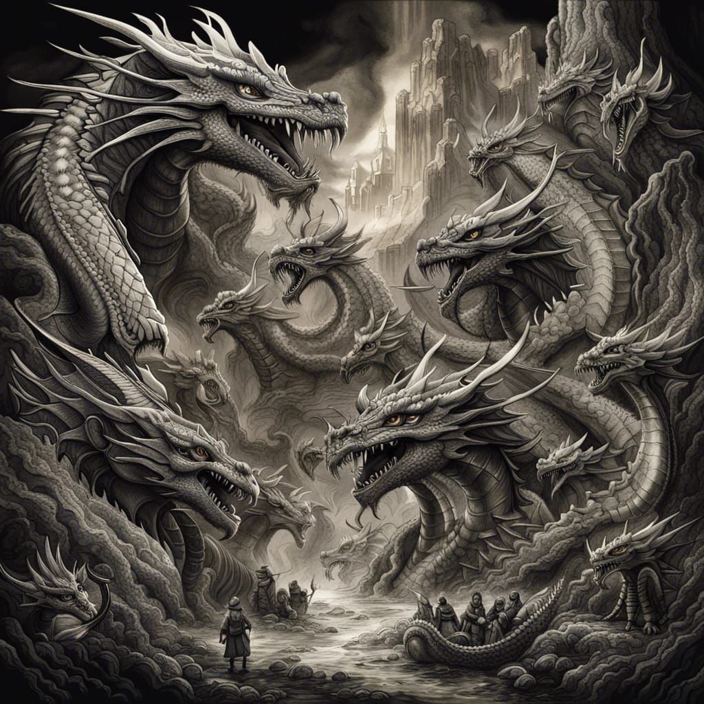 Dragons Tribe: Detailed Black and White Ink Drawing