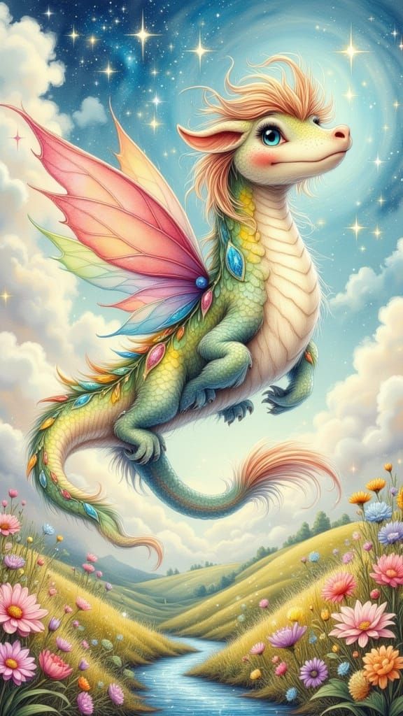 Rainbow Dragon Soaring Through Candy Sky, Whimsical Digital ...
