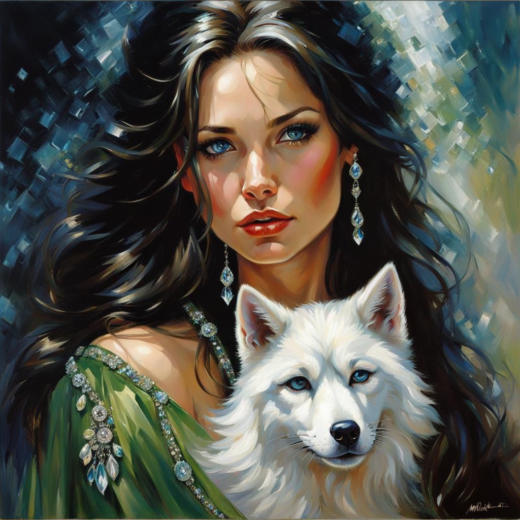 Brunette and Wolf Portrait with Crystals
