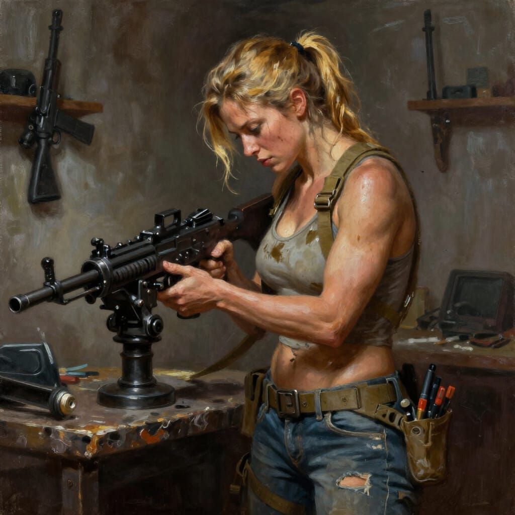 Woman Repairing Machine Gun in Grim Workshop