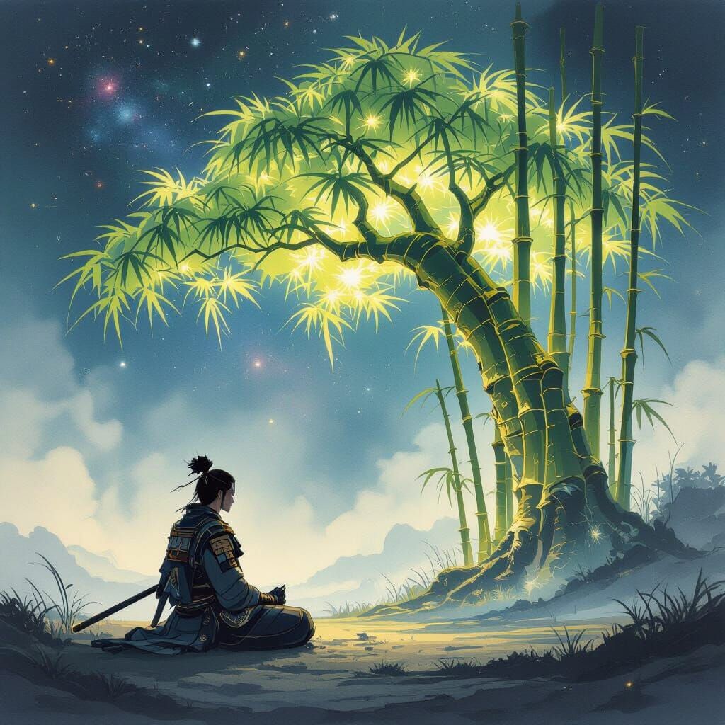 Samurai Meditating Under Bioluminescent Tree, Ethereal Fanta...