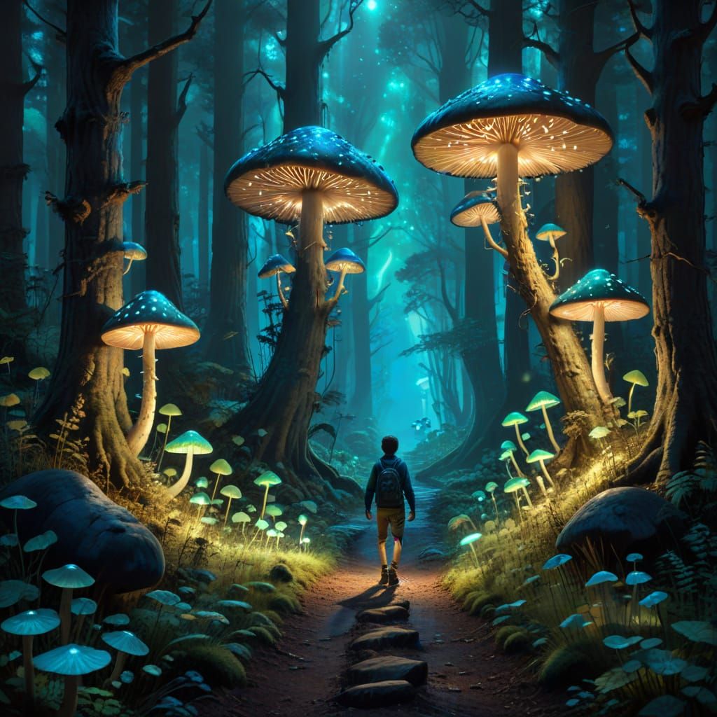Magical Forest at Night with Glowing Mushrooms
