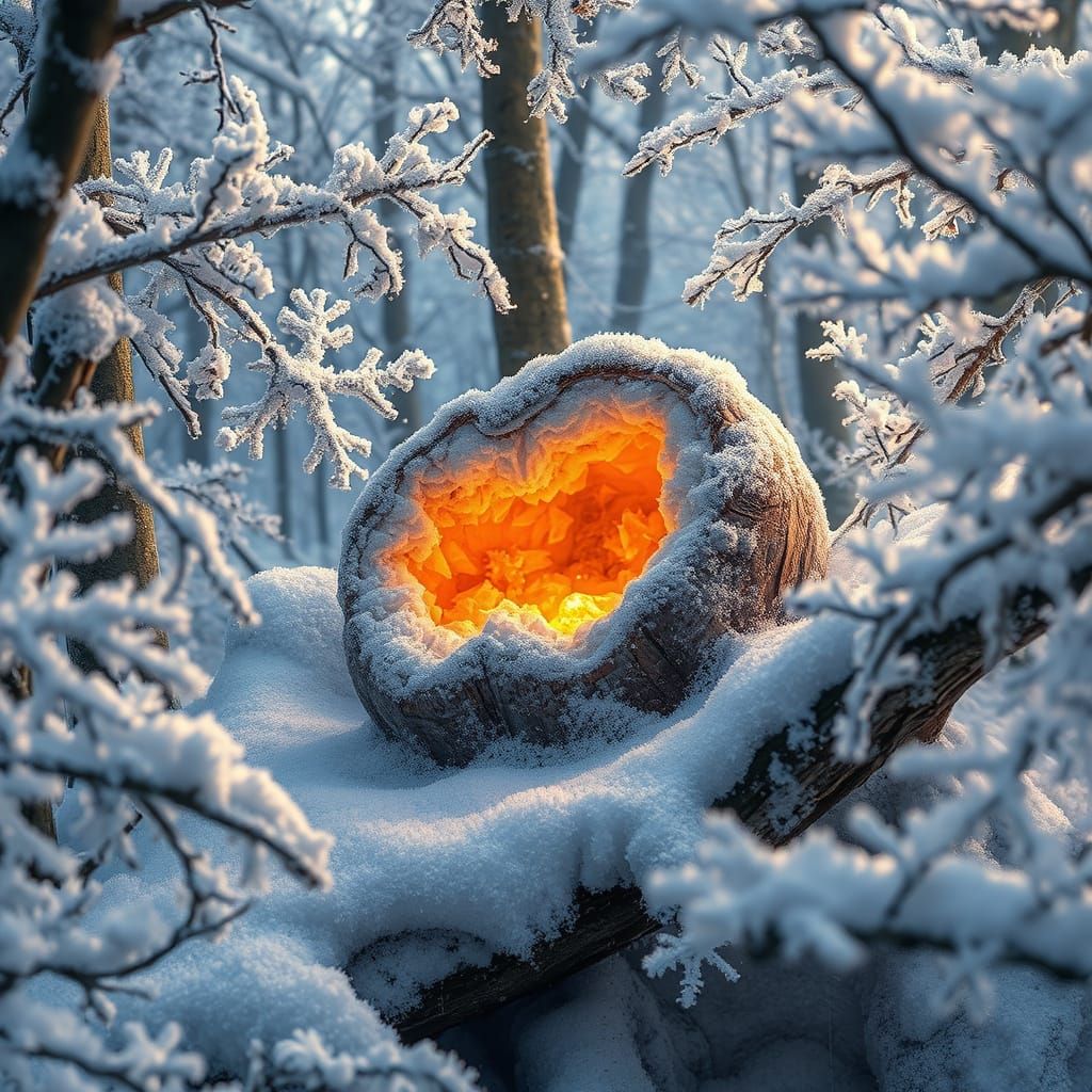 Ethereal Geodes in Snowy Forest Landscape