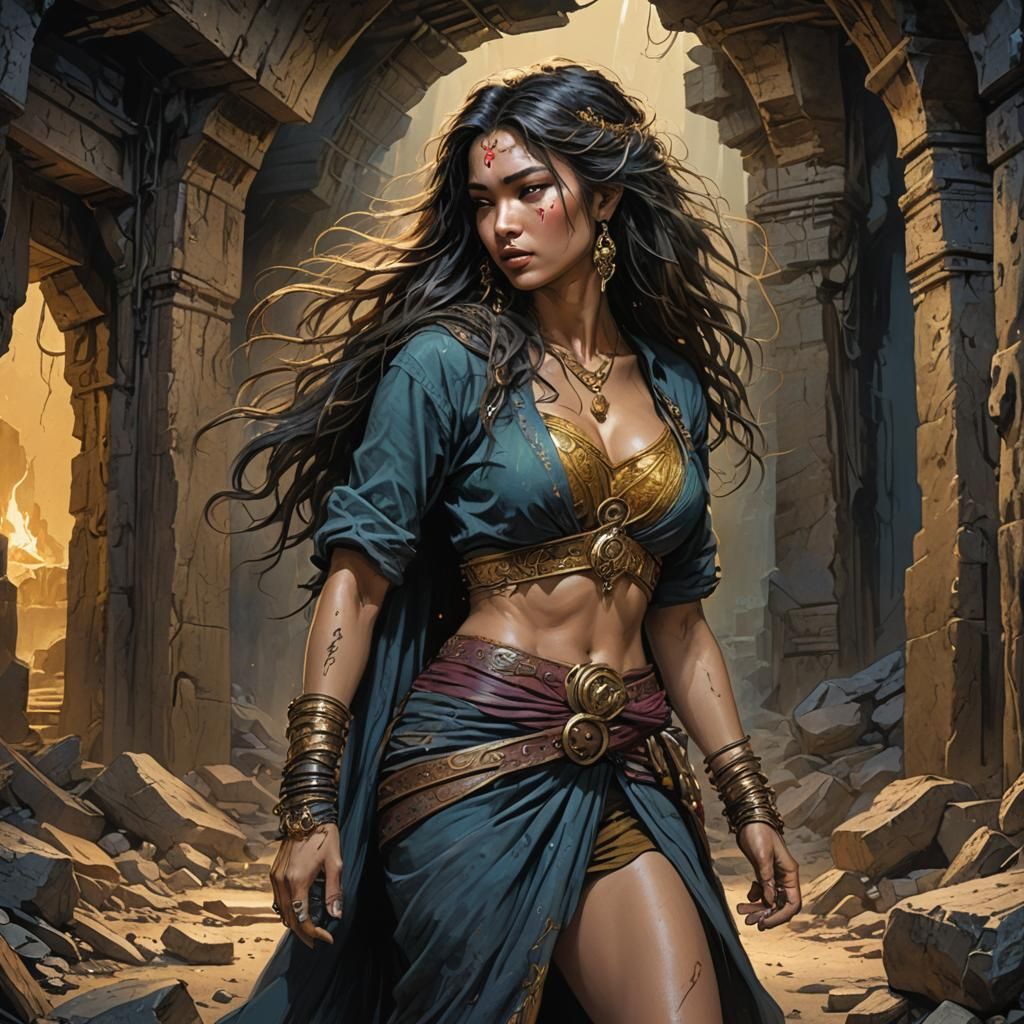 Fantasy Illustration: Gypsy Woman's Embrace in Dark Cavern