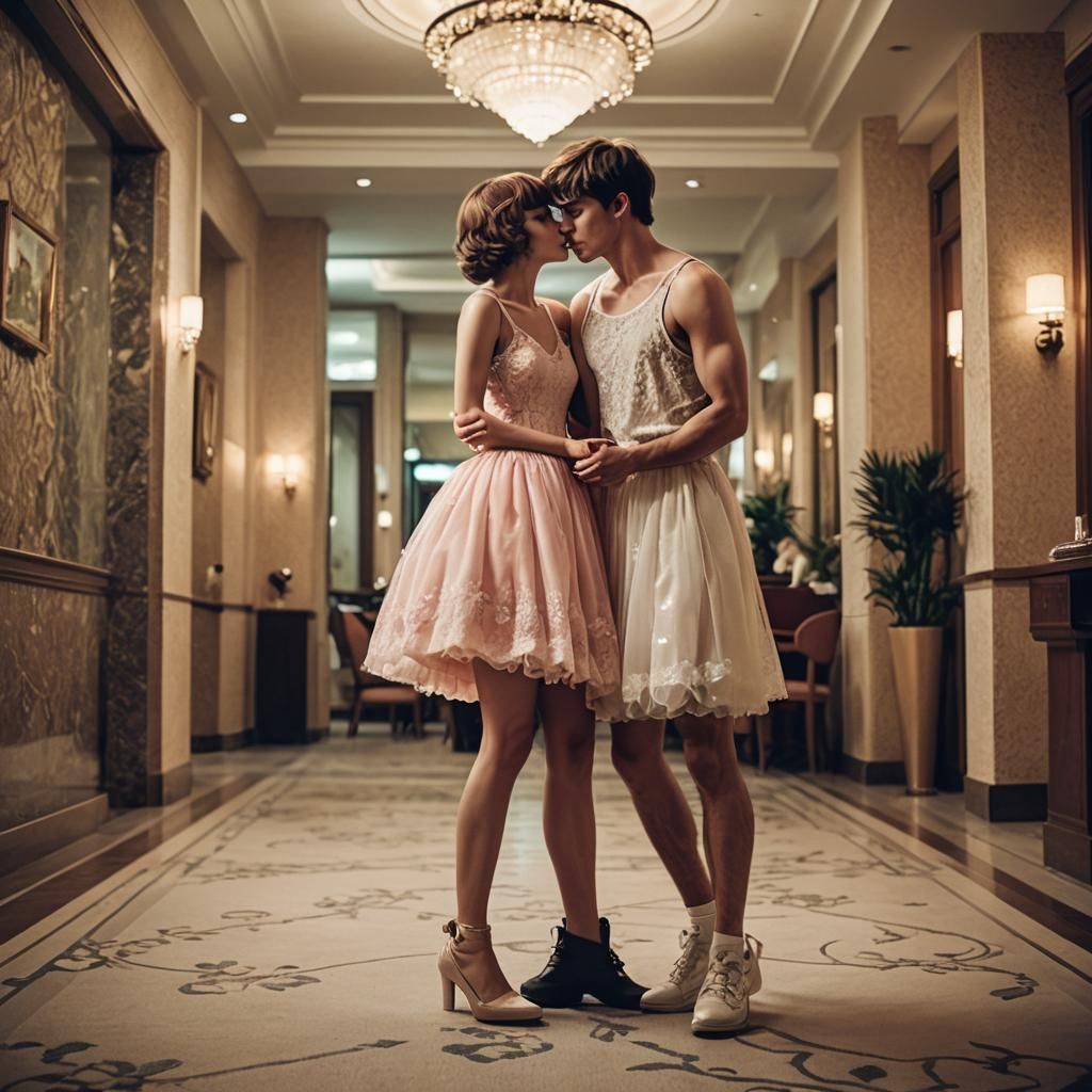 Cross-dressed Teen Kiss in Hotel: Cinematic Still
