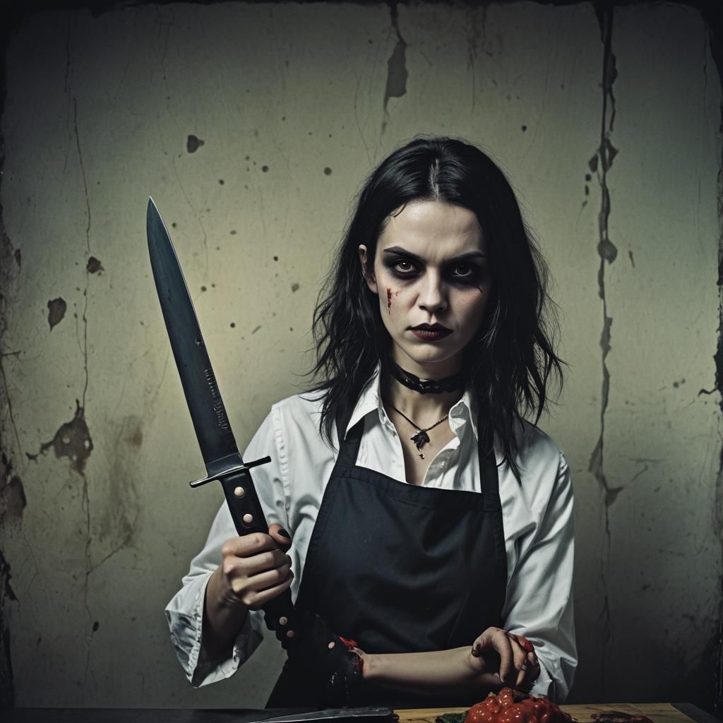 Vampiric Emo Woman with Knife: Cinematic Film Still