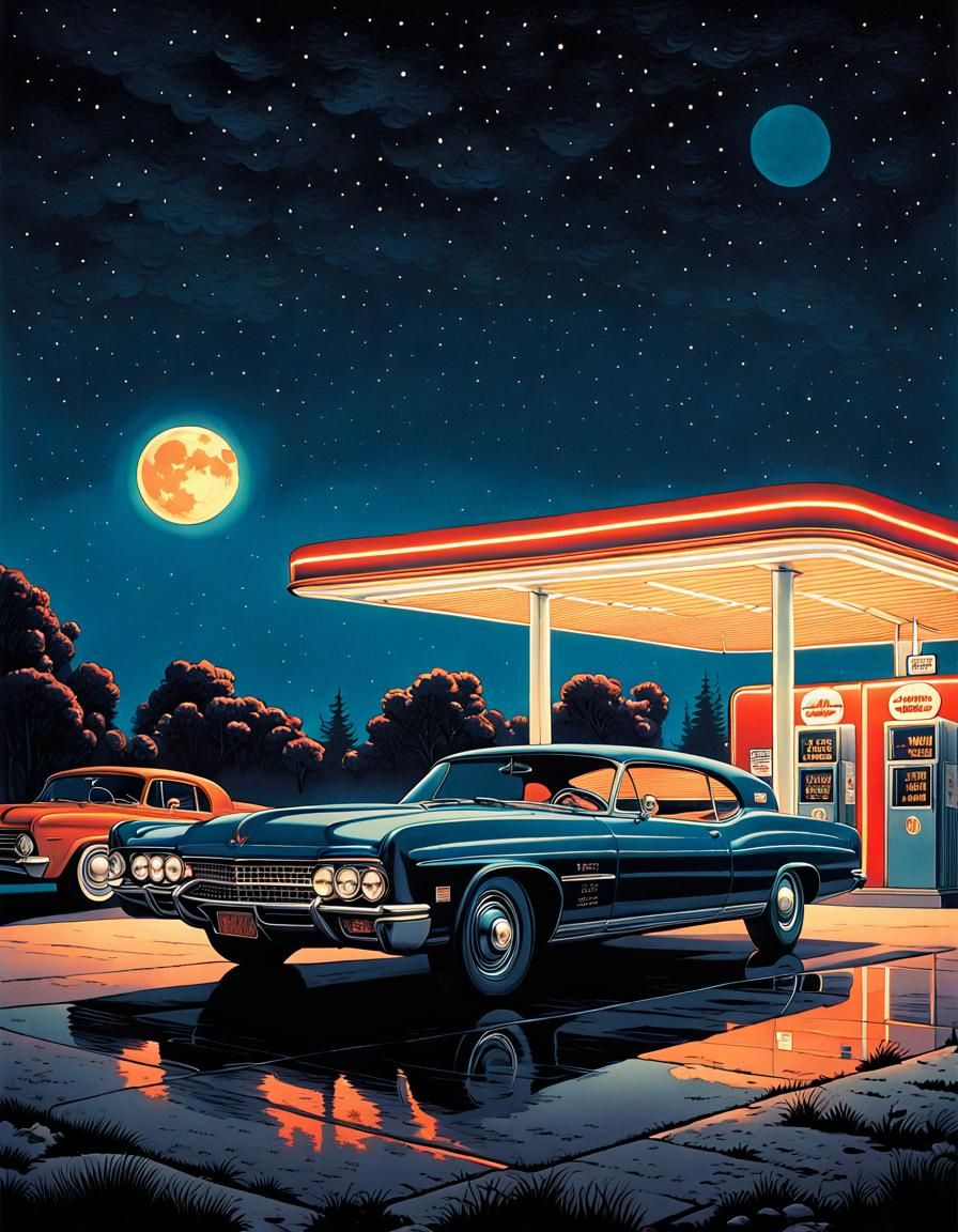 Gothic Fantasy Gas Station at Night