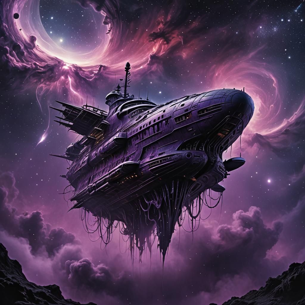 Ghostly Spaceship Drifting Through Dark Nebula