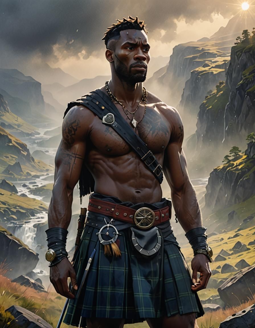 Highland Warrior: A Bare-Chested Man in Anime Style