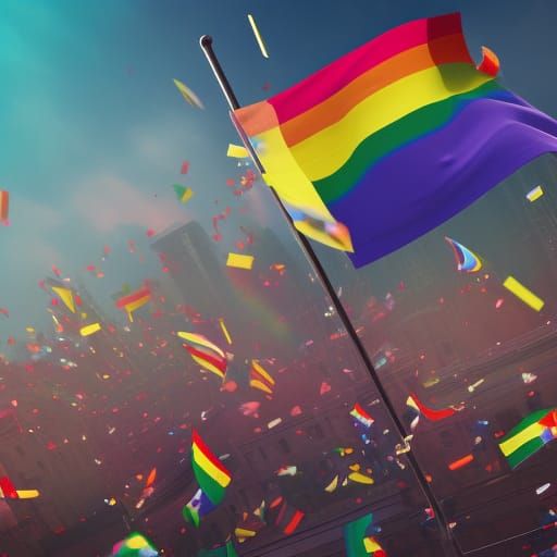 LGBTQ+ Pride Flag Waving in Parade: Digital Art