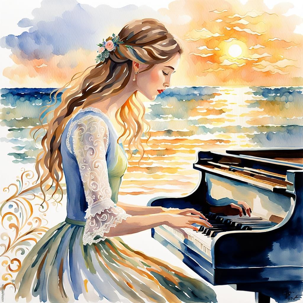 Romantic Watercolor: Lady Playing Piano by the Sea