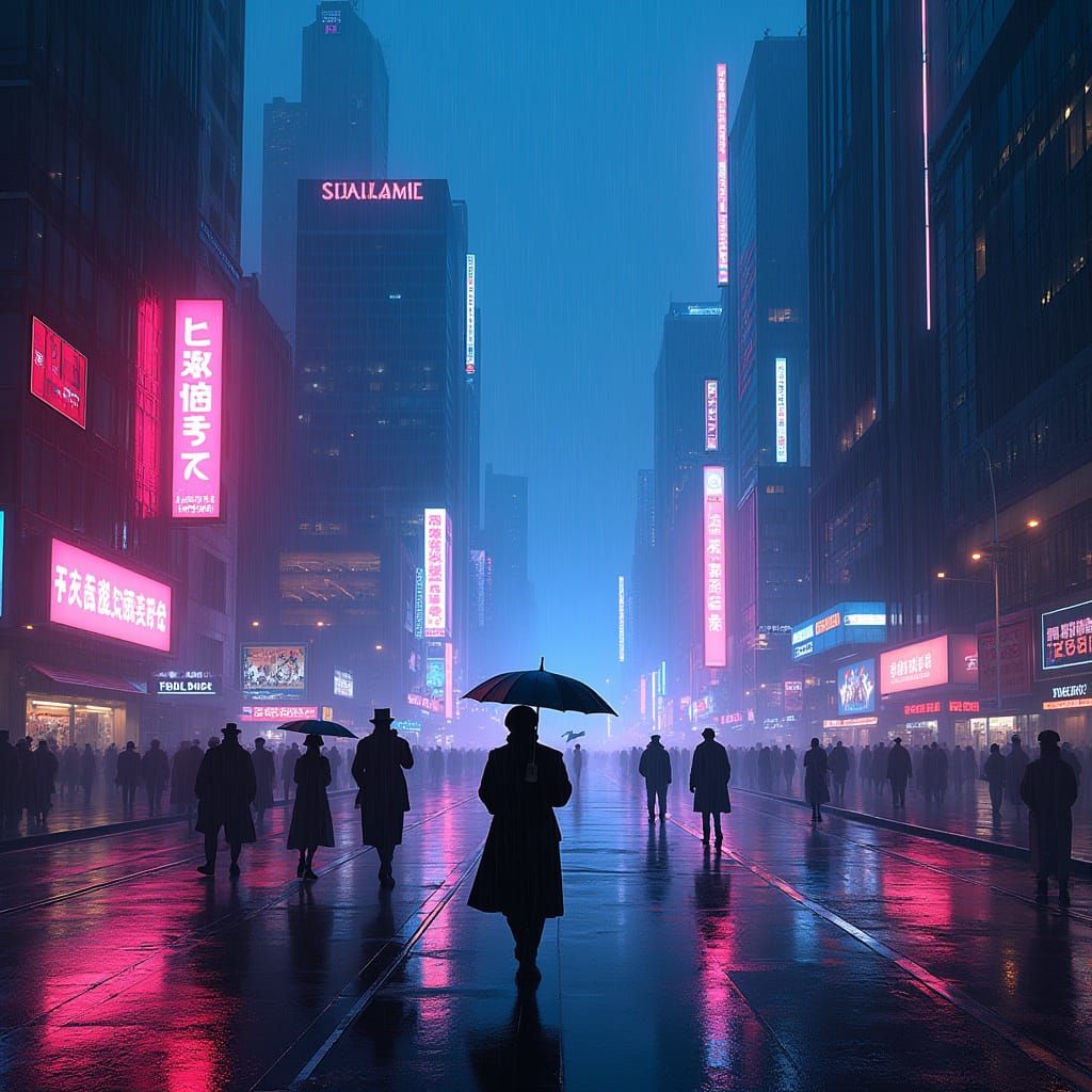 Neon Rain in Cyberpunk Cityscape: Cinematic View
