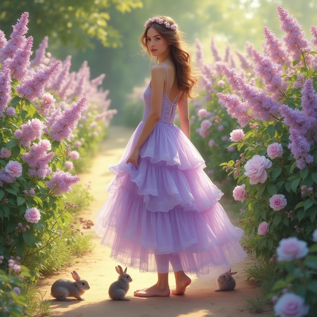 A young woman in a light purple, tiered, flowing gown, stand...