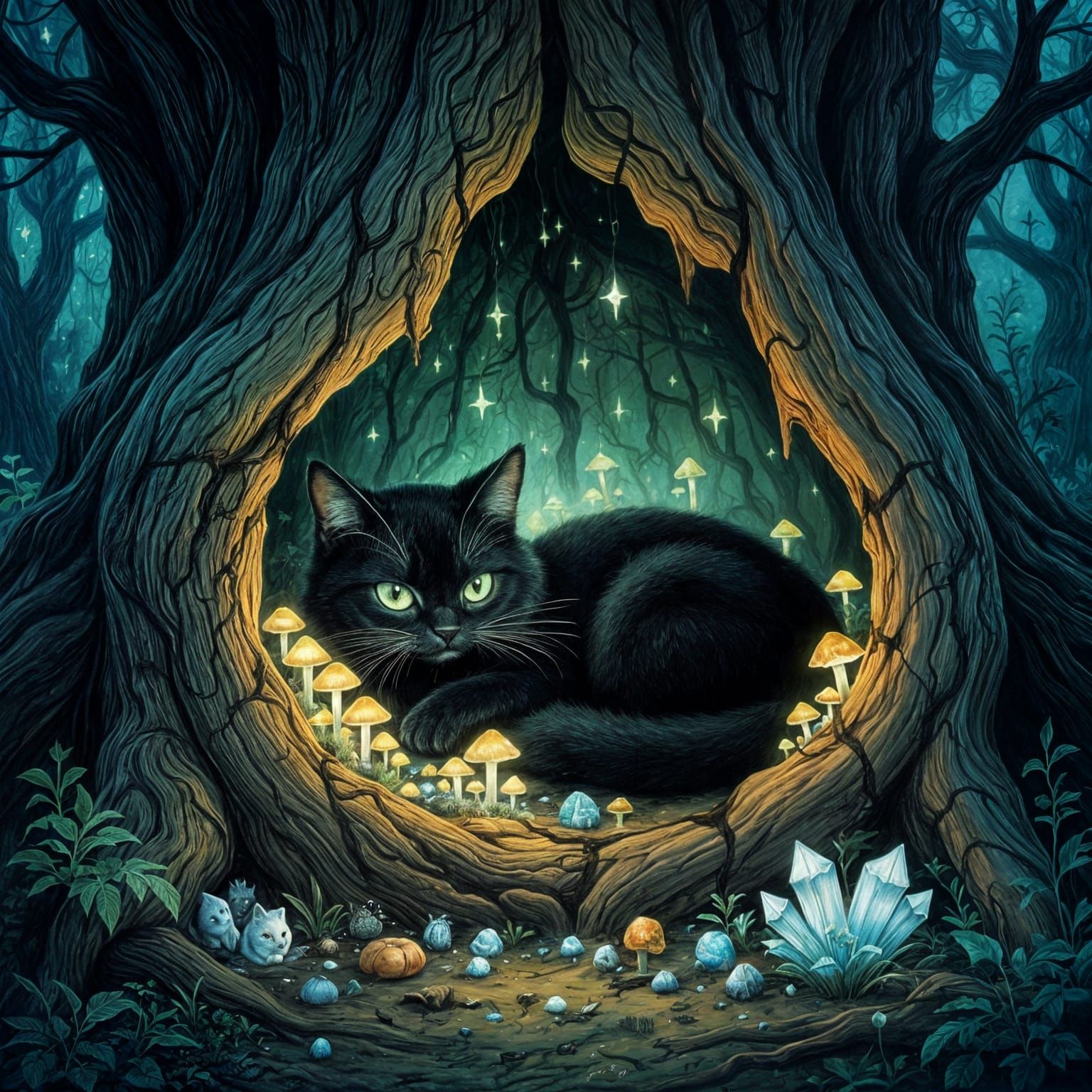 Black Cat in Glowing Tree Stump with Crystals