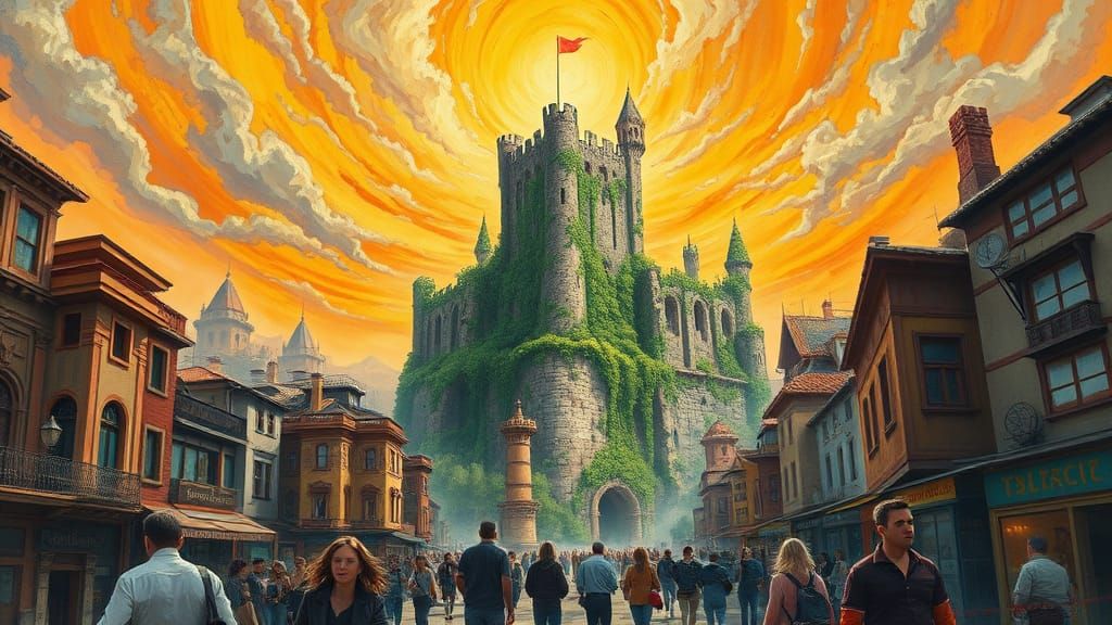 Ethereal Castle in Vibrant, Surreal Cityscape with Twisted A...