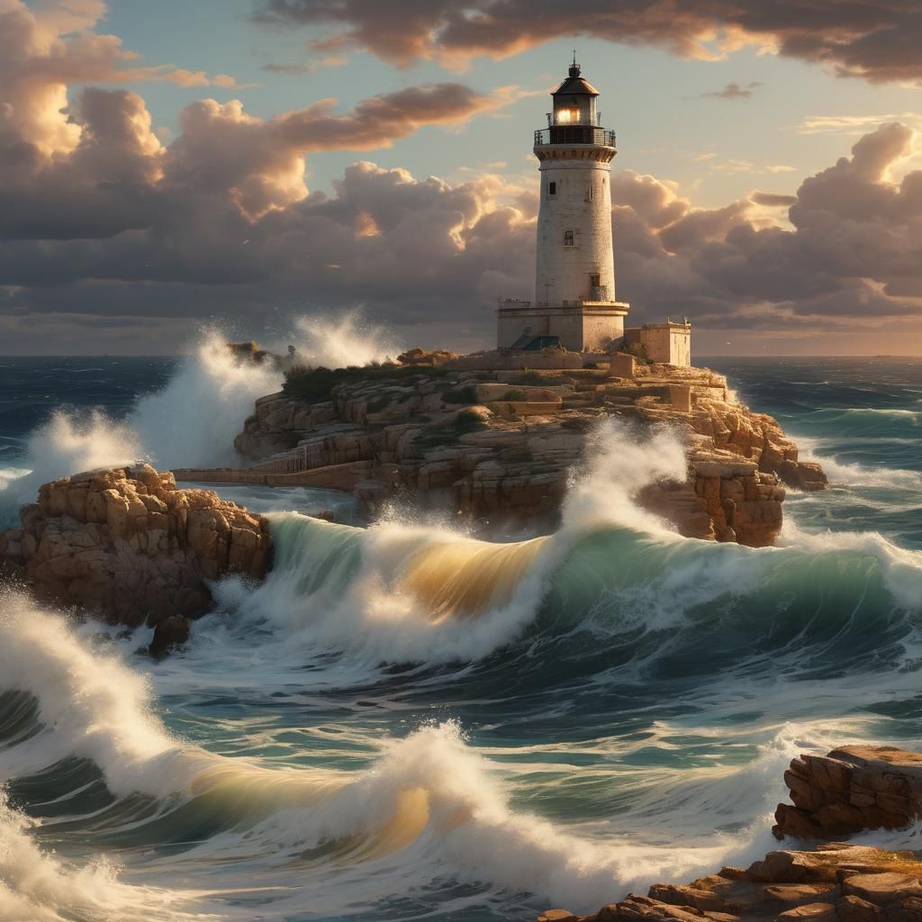 Surreal Anime Lighthouse Illuminates Turbulent Eastern Water...