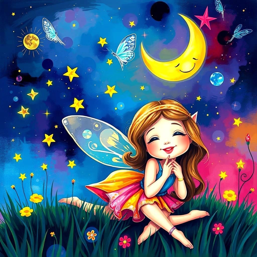 Whimsical Fairy Night Scene in Vibrant Colors