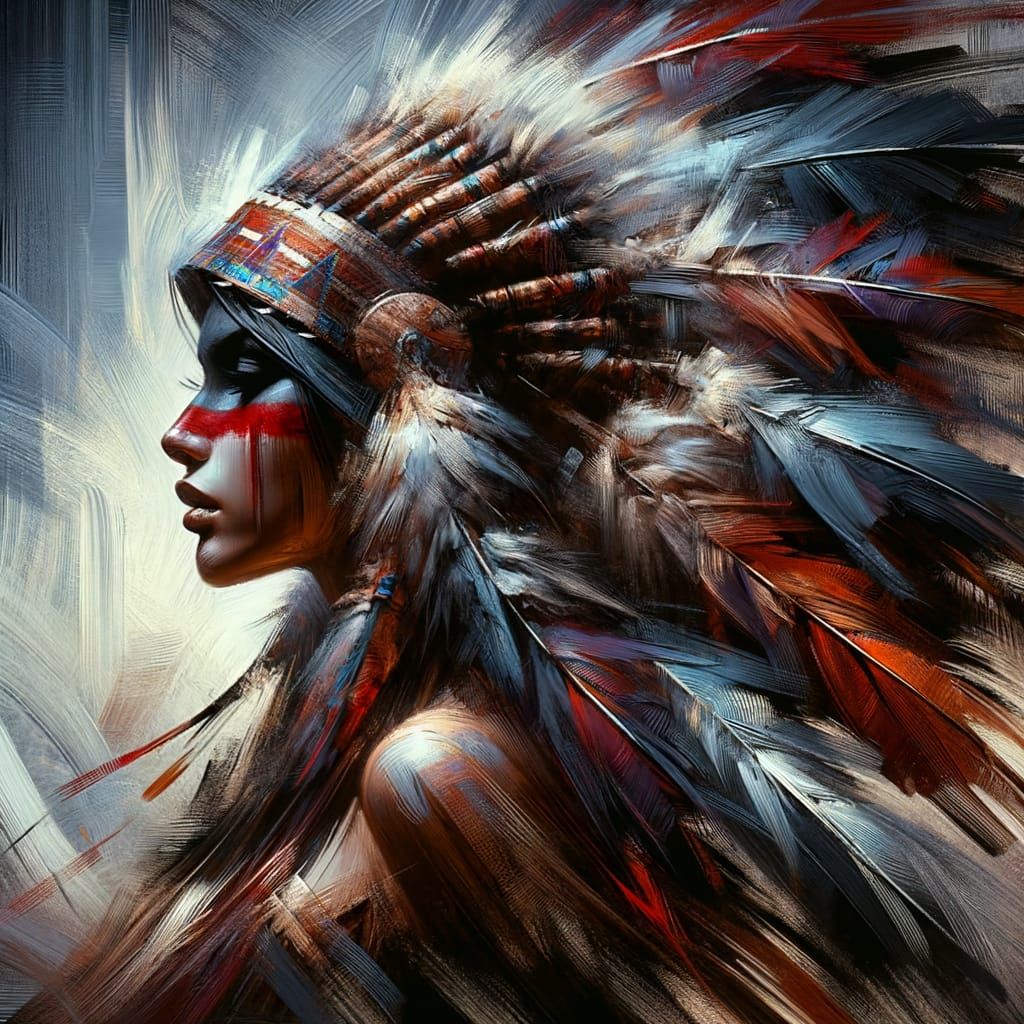 Native American Warrior Portrait With Expressive Impasto Str...