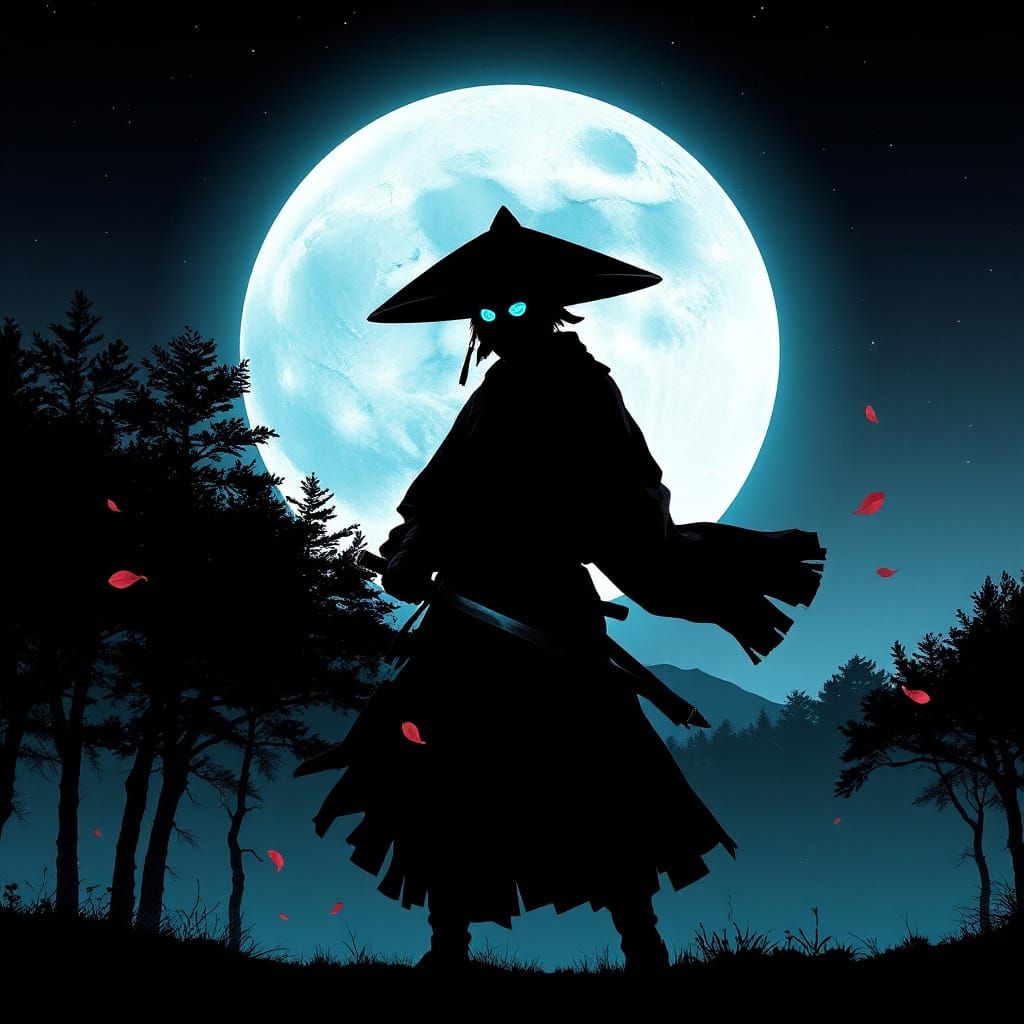 Samurai Warrior Under Ethereal Cyan Moon