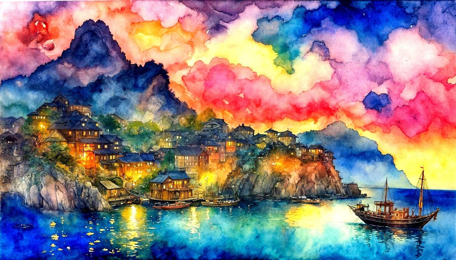 Vibrant Harbor Scene in Alcohol Ink Style