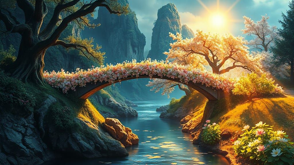 Whimsical, Flower-Petal Bridge Spans Sci-Fi Gorge in Vibrant...