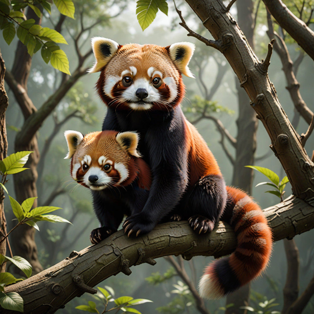Mother and Baby Red Panda in a Delicate CGI Rendering