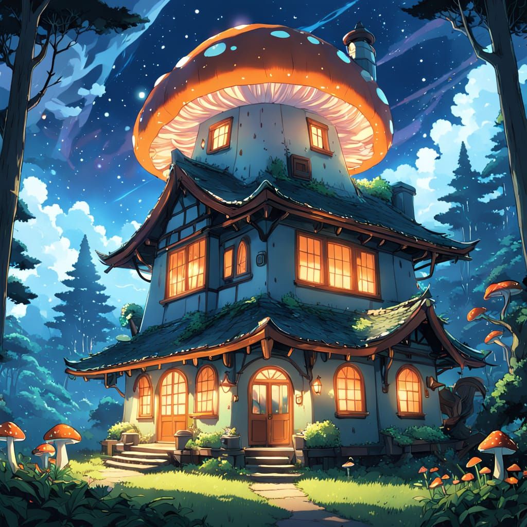 Mushroom Haven in Whimsical Forest Glows with Magical Light