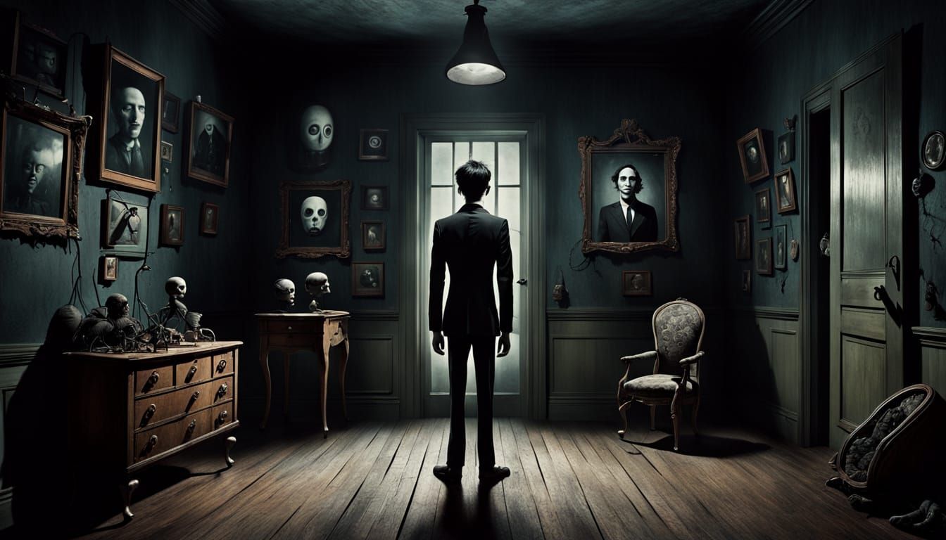 Ethereal Gothic Figure Emerges in a Haunting Dimly Lit Space