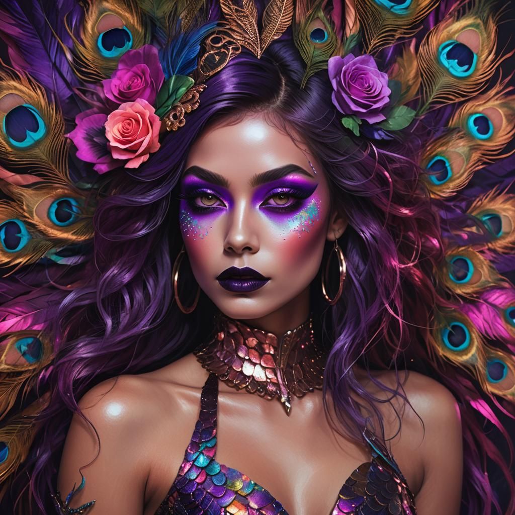 Dark Fantasy Woman with Peacock Feathers, Greg Rutkowski Sty...