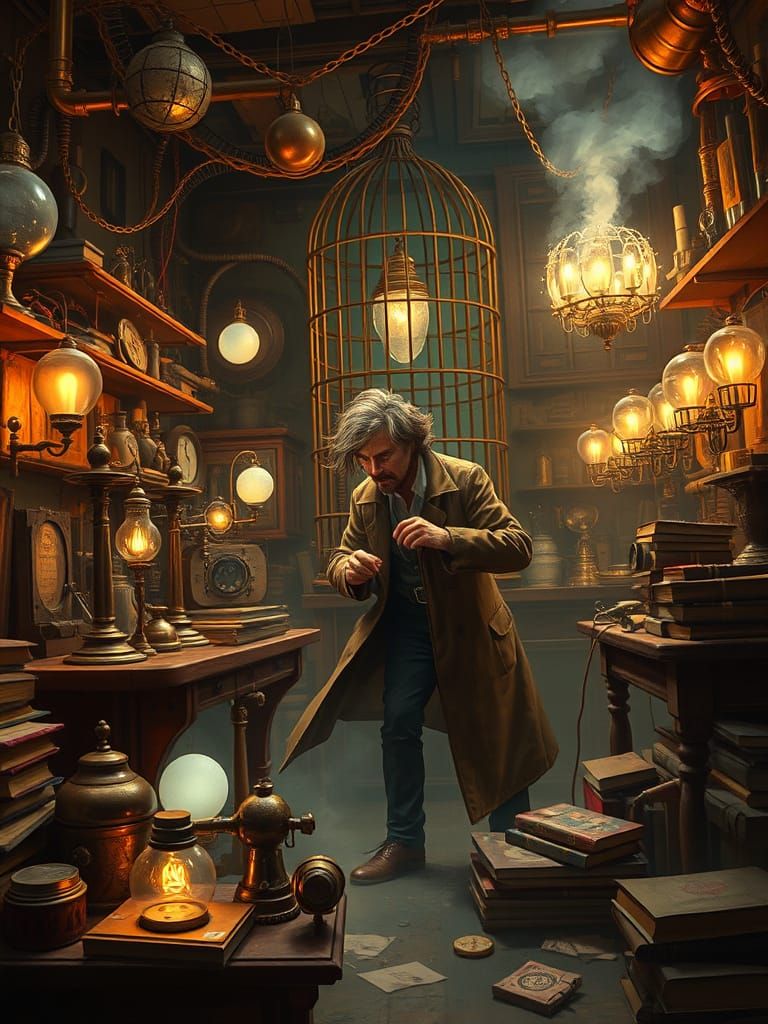 Mad Scientist in Steampunk Laboratory