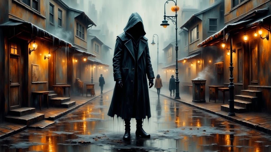 Futuristic Village Street Scene with Lone Figure