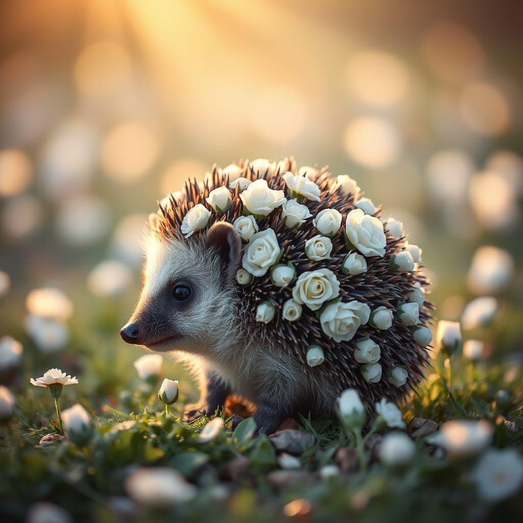 Hedgehog with Rose Spines in Magical Meadow at Dawn
