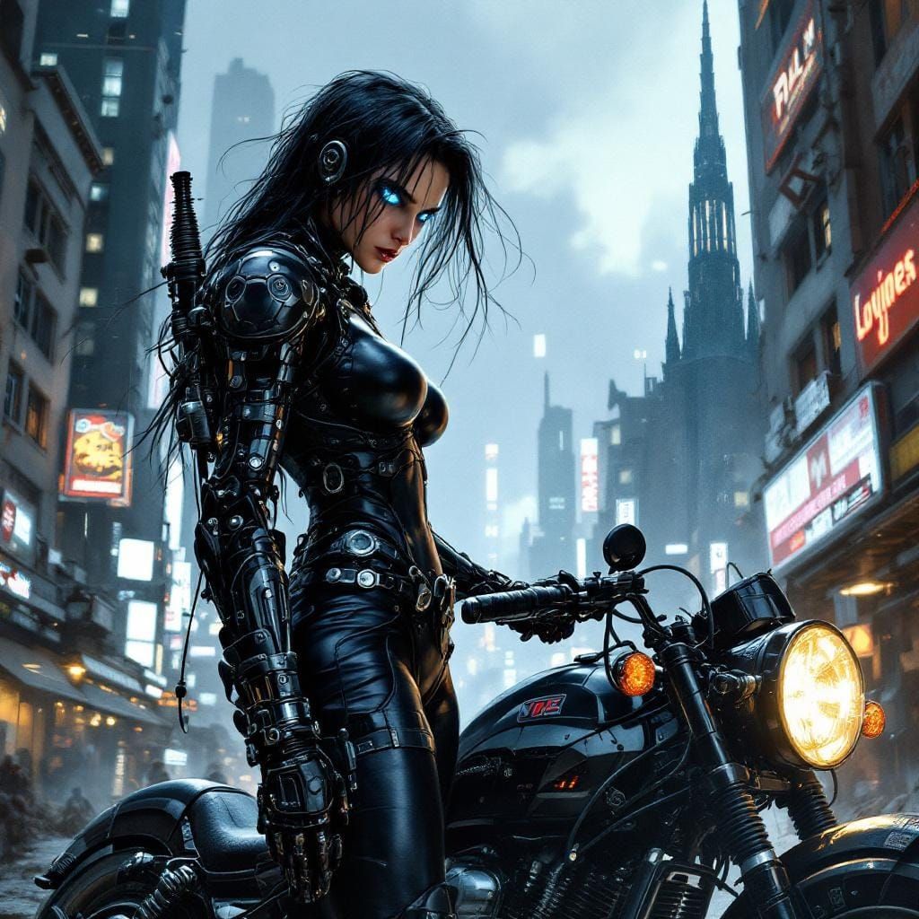 Cyborg Biker in Cyberpunk Ruins, Hyperrealistic Style