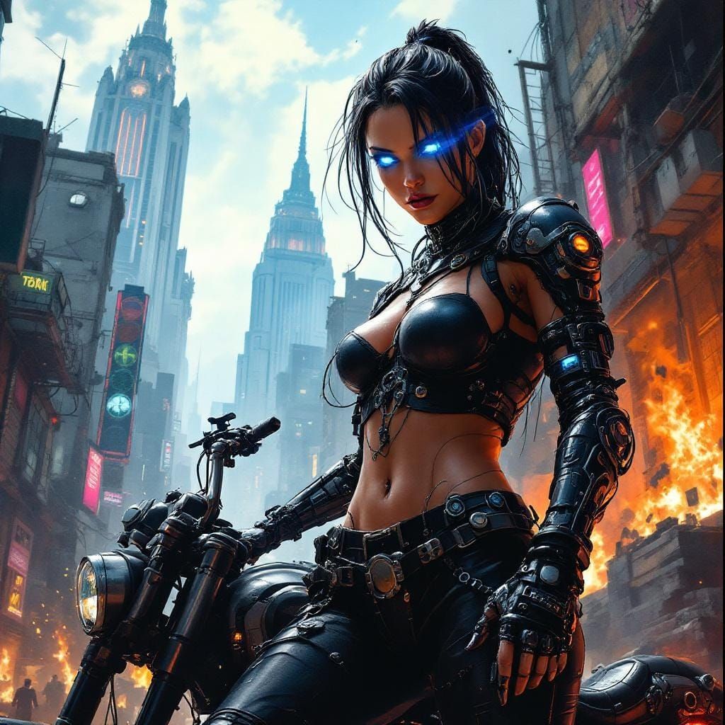 Cyberpunk Biker Cyborg Amidst City Ruins