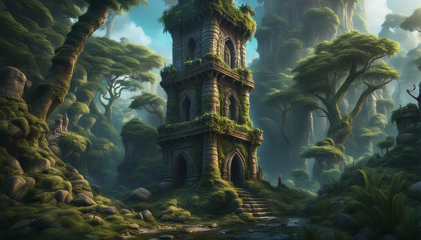 Stone Wizard's Tower in Lush Jungle, Detailed Matte Painting