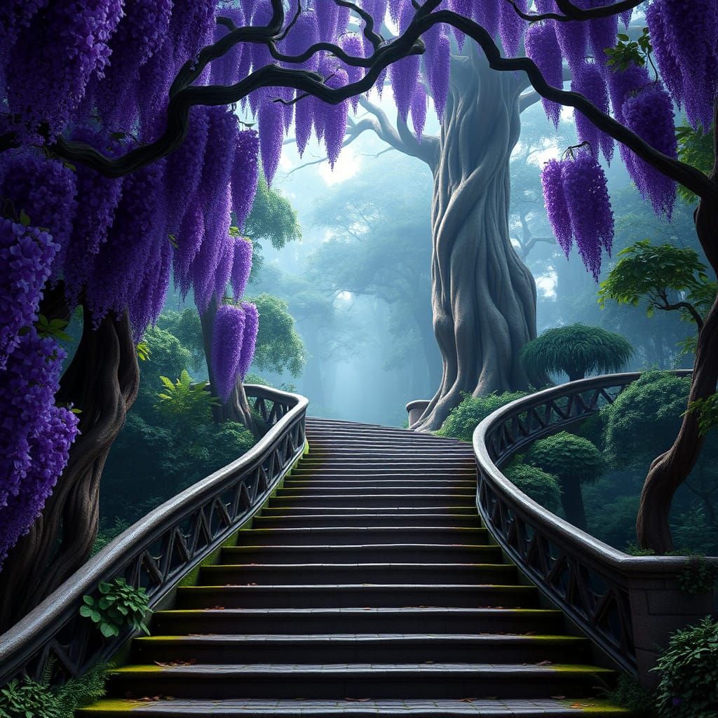Sweeping Grand Staircase Ascends into Vibrant Wisteria and R...