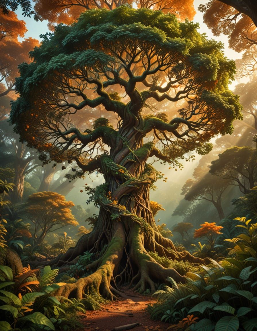 Ancient Tree with Glowing DNA: A Surreal Scene