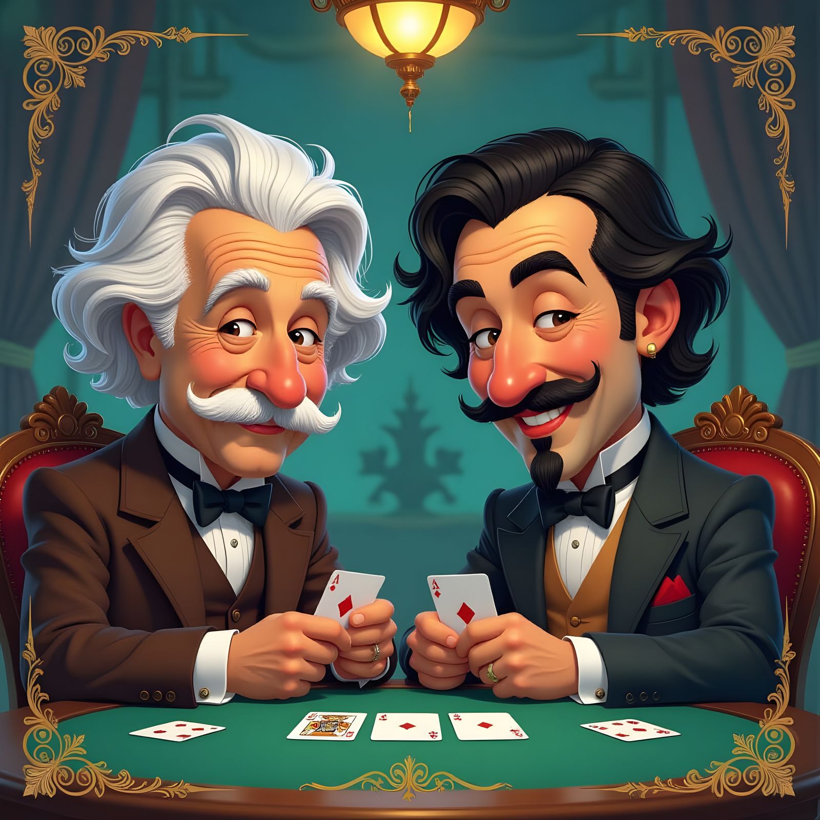 Einstein and Tesla Play Cards in Fantastical Matte Painting