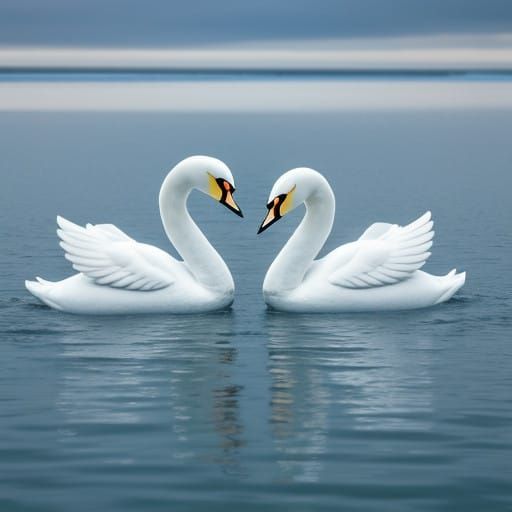 Metallic Swans Glide Across a Futuristic Lake