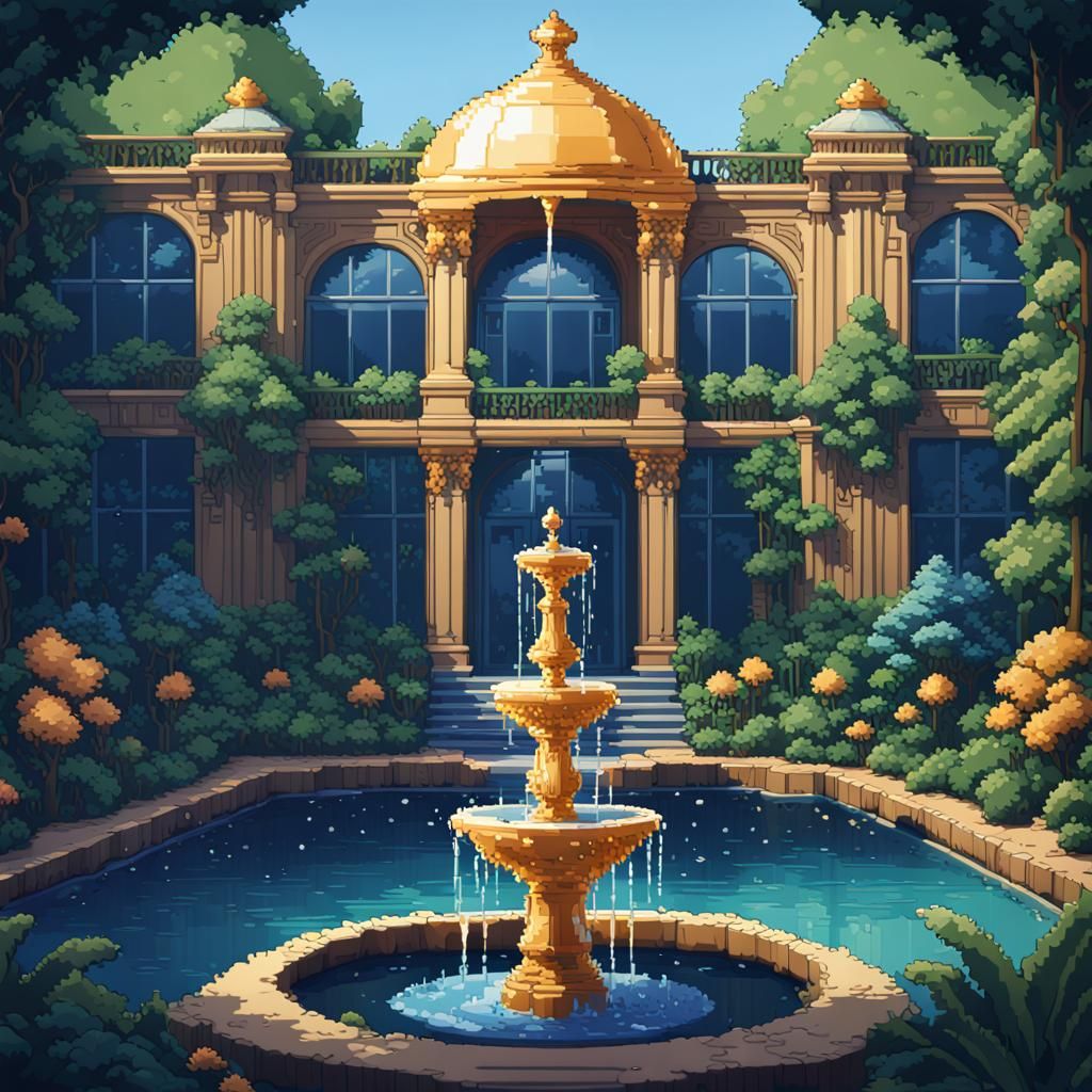 Lush Botanical Garden with Golden Fountains: 8-bit Pixel Art