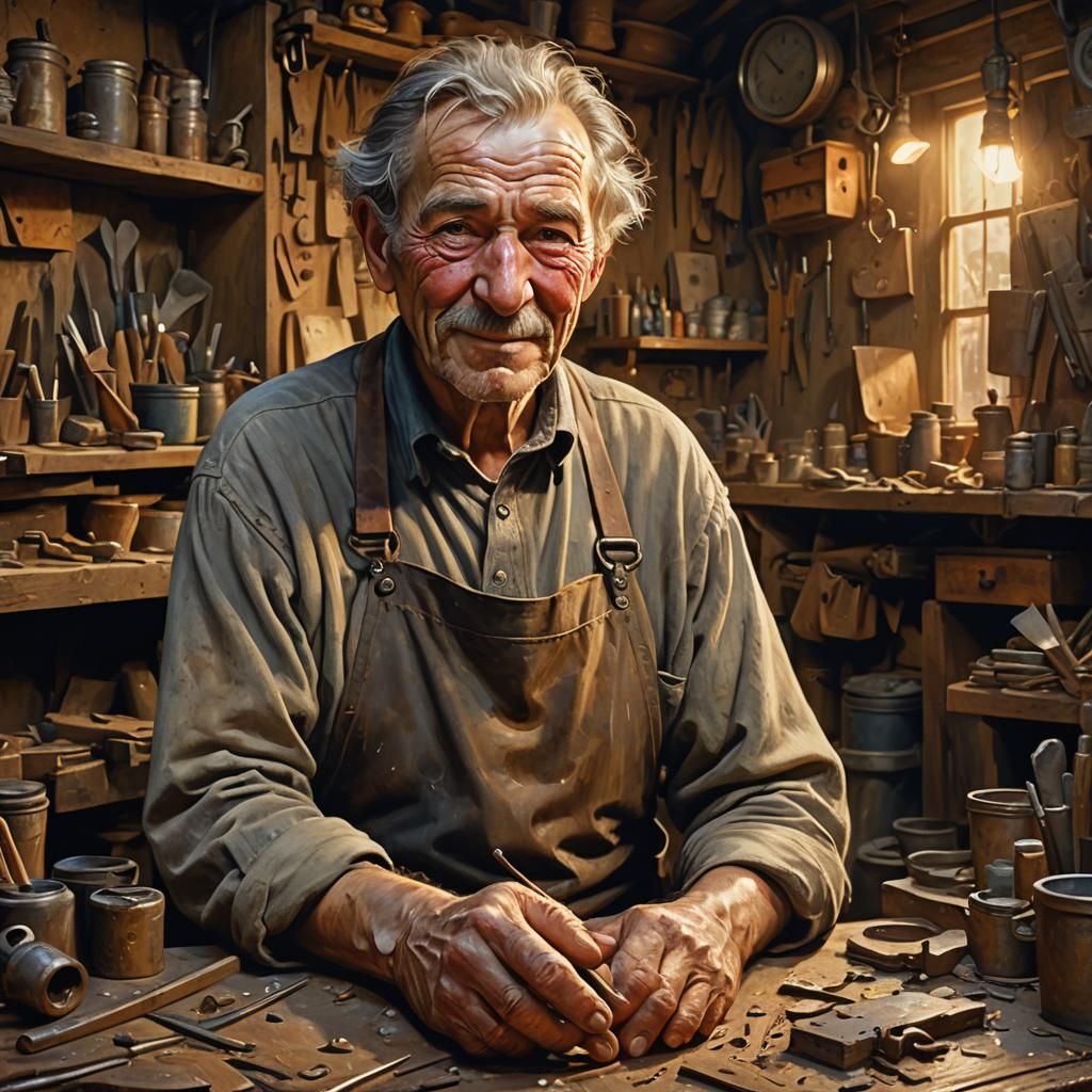Aged Artisan's Pride: Hyper-Realistic Digital Painting