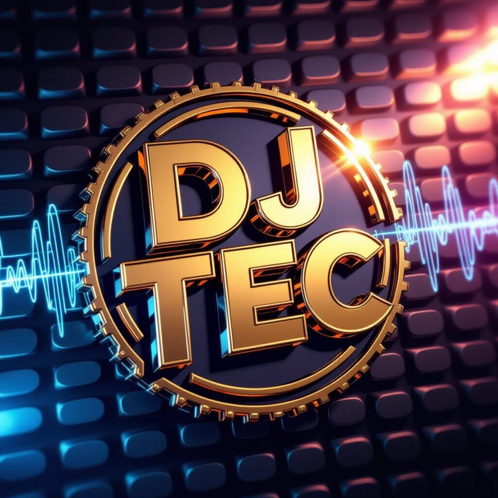 Dj Tec Gold Metal Logo with Vibrant Sound Waves