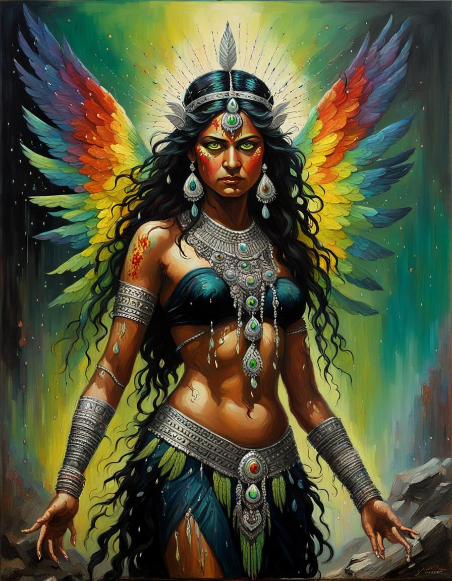 Goddess with Rainbow Wings in Oil Painting Style