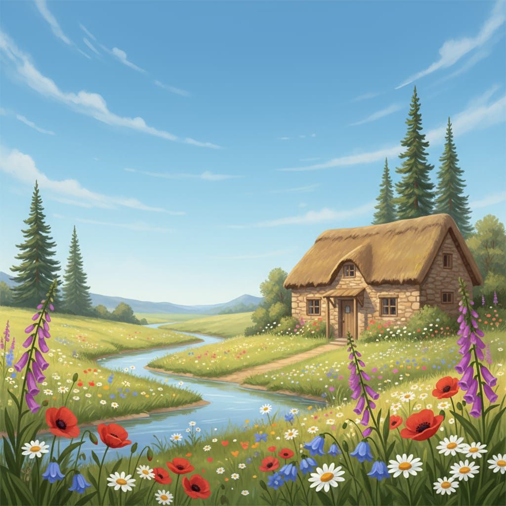 Storybook Cottage by River with Wildflowers